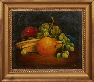 E. B. Gardner (American), "Still Life with Fruit," 1919, oil on board, monogrammed "EBG" on lower right, signed and dated en verso, presented in a gil