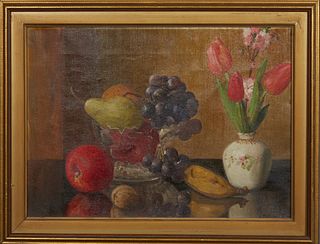 J. Laurenty (French), "Still Life with Fruit and Tulips," 1924, oil on canvas, signed and dated indistinctly lower right, presented in a gilt frame, H