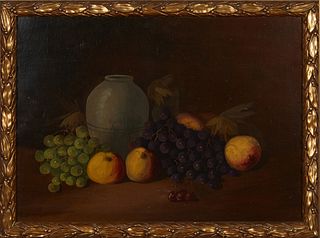 American School, "Still Life with Fruit and Vase," 20th c., oil on board, unsigned, presented in a gilt frame, H.- 16 1/2 in., W.- 22 1/2 in., Frame H