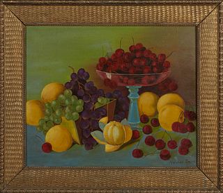 Howard Snow (American), "Still Life with Cherries," 20th c., oil on canvas, signed lower right corner, presented in a gilt frame, H.- 15 3/4 in., W.- 