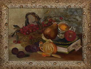 American School, "Still Life with Fruit," early 20th c., oil on canvas, unsigned, presented in a gilt frame, H.- 11 1/2 in., W.- 15 1/2 in., Frame H.-