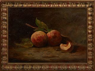 French School, "Still Life with Peaches," 19th c., oil on canvas, unsigned, presented in a gilt frame, H.- 10 1/2 in., W.- 14 1/4 in., Framed H.- 13 1