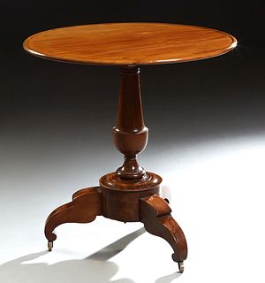 French Provincial Louis Philippe Carved Pedestal Table, 19th c., the circular dished top on a tapered urn support to a circular base, with three squar