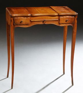 French Louis XV Style Carved Cherry Dressing Table, 20th c., the serpentine stepped edge top with a central lifting mirror over open storage, flanked 