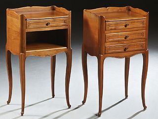 Pair of French Louis XV Style Carved Cherry Nightstands, 20th c., with 3/4 galleried tops, one with a frieze drawer over open storage, the second with
