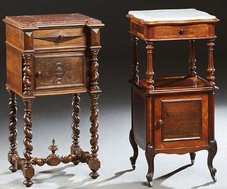 Two French Marble Top Nightstands, 19th c., consisting of an inlaid carved mahogany example, the inset serpentine white marble over a frieze drawer, o