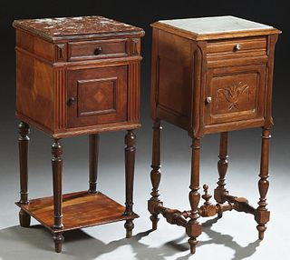 Two French Henri II Style Carved Walnut Marble Top Nightstands, early 20th c., one with an inset white marble over a frieze drawer and a pot cupboard,