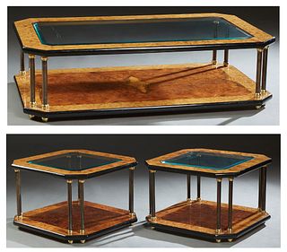 Set of Three French Ormolu Mounted Elm and Beech Coffee Tables, 20th c., of octagonal form with ebonized accents, each with an inset wide beveled glas