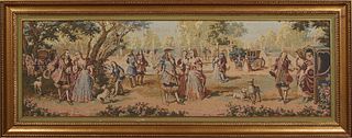 French Tapestry, 20th c., depicting an aristocratic country scene, presented in a gilt frame with a green velvet liner, H.- 18 in., W.- 56 1/2 in.