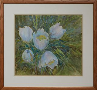 Jack McFarland (Colorado), "Flowers," 20th c., gouache on paper, signed lower right, presented in an oak frame, H.- 20 in., W.- 22 in., Framed H.- 30 