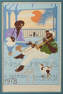 1978 New Orleans Jazz and Heritage Festival Poster, by Charles and Brousseau, #2886/5000, pencil numbered lower right margin, presented in a blue wood