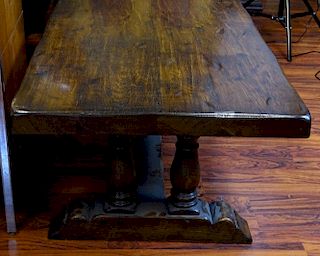 Mid to Late 20th Century French Louis XIII style oak trestle coffee table.