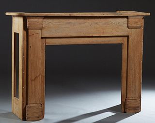 Louisiana Carved Cypress Mantle, 19th c., with a rounded corner top over rectangular pilaster supports, with wood framed open sides, H.- 48 3/4 in., W