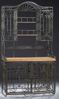 Contemporary Brass and Iron Kitchen Rack, 20th c., with numerous glass shelves above a central chopping block over wine bottle storage, flanked by she