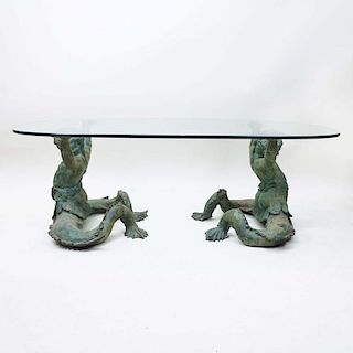 Vintage Bronze Two Putti Mermen Table Base with Oval Glass Top.