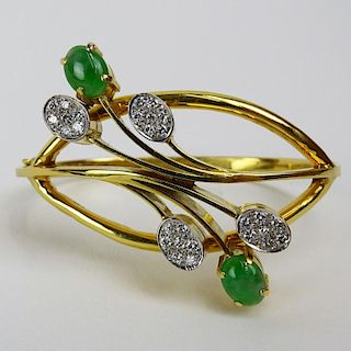 Lady's Vintage Pave Set Round Cut Diamond, Jade and 14 Karat Yellow Gold Bangle Bracelet.