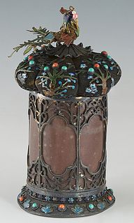 Chinese Silver Filigree and Enamel Tea Caddy, 19th c., the six lobed lid with an enameled bird handle, and a circular base mounted with cabochon turqu