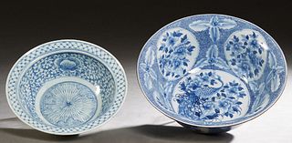 Two Large Chinese Blue and White Porcelain Bowls, one a 19th c. example with interior floral decoration; the second 20th c., with floral and peacock p