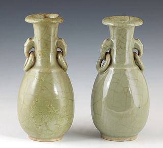 Pair of Chinese Celadon Porcelain Baluster Vases, with everted necks and integral ring handles at the shoulders, H.- 9 1/4 in., Dia.- 4 1/4 in.