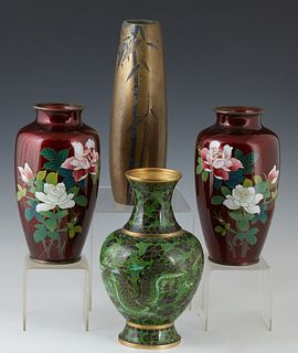 Group of Four Japanese Cloisonne on Bronze Baluster Vases, 20th c., consisting of two red examples with floral decoration; one green example with flor