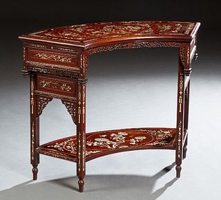 Chinese Bone Inlaid Demilune Console Table, 20th c., the stepped curved top elaborately inlaid with figural, floral and dragon decoration, over a pier