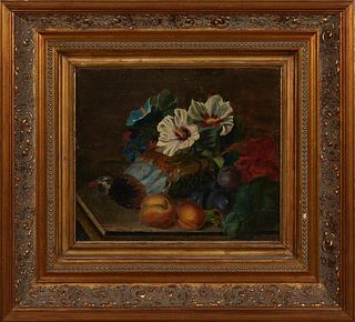American School, "Still Life with Pheasant," late 19th c., oil on canvas, unsigned, stamped en verso of the canvas with 'Prepared by EDwd. Dechaux New