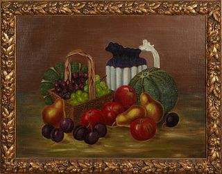American School, "Still Life with Pitcher," late 19th c., oil on canvas, unsigned, presented in a gilt frame, H.- 17 1/2 in., W.- 23 1/2 in., Frame H.