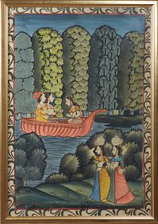 Indian School, "Figures in a Boat on the River," 20th c., oil on silk, presented in a brushed gilt frame, H.- 47 3/4 in., W.- 32 3/4 in.