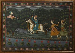 Indian School, "The Boar Hunt," 20th c., oil on silk, presented in a rubbed gilt frame, H.- 33 1/2 in., W.- 48 3/4 in.