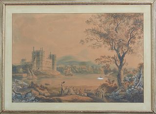 Watercolor Enhanced Print, 19th c., of a landscape with a castle, by a river, presented in a polychromed and gilt frame, H.- 20 in., W.- 29 in.