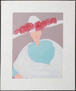 Jill Hill (American), "Woman in Hat," 1983, acrylic on paper, signed and dated lower center, presented in a silvered frame, H.- 22 in., W.- 16 in., Fr