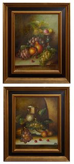 Chinese School, "Still Life of Fruit," 20th c., pair of oils on canvas, signed "Adonis" lower right, presented in gilt and polychromed frames, H.- 14 