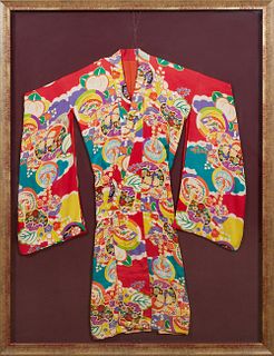 Japanese Silk Wedding Kimono, 20th c., with colorful bird, floral and fan decoration, presented in a large gilt shadowbox frame, H.- 64 in.,W.- 471/2 