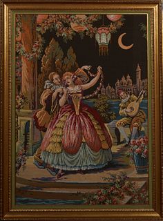 French Tapestry, 20th c., possibly a reproduction of a 16th c. scene from the Comedia Dell'Arte, presented in a gilt frame, with a velvet liner, H.- 5