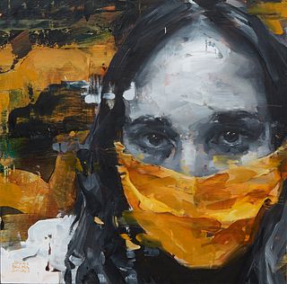 Aron Belka (1974-, Utah/New Orleans), "Masked," 2020, oil on board, signed and dated lower left corner, titled and dated en verso, H.- 14 in., W.- 14 