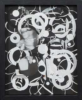 Jill Stoll (1968-, Louisiana), "Liz," 2016, photogram collage, presented in a black contemporary framed shadow box, Framed H.- 15 in., W.- 12 in.,  NO