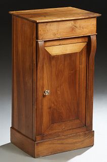 French Empire Style Carved Walnut Nightstand, 19th c, the rectangular top over a frieze drawer and a long cupboard door, on a plinth base, H.- 31 1/4 