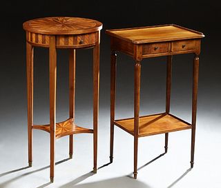 Two French Lamp Tables, 20th c., one an inlaid circular mahogany example with a frieze drawer, on tapered square legs to an inlaid lower shelf; the se