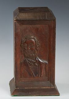 American Civil War Period Folk Art Carved Mahogany Lidded Humidor, c. 1860, the sides with relief carved busts of civil war persona, H.- 10 1/4 in., W