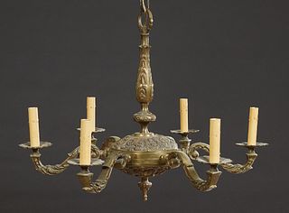Brass Louis XV Style Six Light Chandelier, 20th c., with a knopped tapered support to a button platform issuing six curved arms, with chain canopy, H.