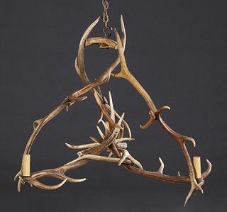Unusual Antler Three Light Chandelier, early 20th c., H.- 34 in., Dia.- 44 in.