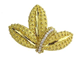 Vintage David Webb 18 Karat Yellow Gold, Diamond and Platinum Leaf Brooch.