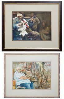 Ann DeLorge (New Orleans), "Man Playing a Banjo" and "Man Selling Vegetables," 20th c., two watercolors, signed lower left and lower right, both prese