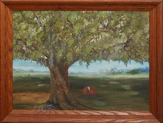 Bea LeBlanc, "Louisiana Landscape with Cow and Moss Draped Oak," 20th c., oil on board, signed lower right, presented in an oak frame, H.- 17 1/2 in.,