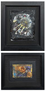 Jim Block (1960-, New Orleans), "Abstracts," 21st c., three mixed 3-D media and collage works, signed lower right of the backboard, presented in black