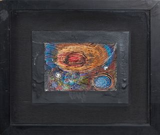 Jim Block (1960-, New Orleans), "Abstract," 2003, mixed media, signed and dated lower right margin, presented in an ebonized shadowbox frame, H.- 4 in