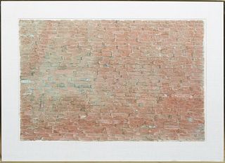 Chet Zar (1941-, American), "Brick Wall," 1976, mixed media, signed and dated lower right, presented in a brass metallic frame, H.- 31 in., W.- 43 1/8