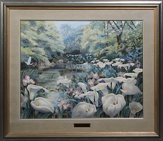 Daryl Trott (1902-2004, Australian), "Tranquil Morning," 1986, watercolor, signed and dated lower right, presented in a wide silvered and gilt frame, 