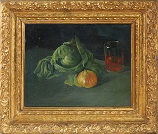 American School, "Still Life of a Cabbage, Onion and a Glass of Wine," early 20th c., oil on canvas, signed in monogram lower left, presented in a gil