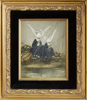 Pat Kennerty (California), "Nuns Fishing," 20th c., oil on canvas, signed lower right, presented in a gilt relief frame with a black velvet liner, H.-